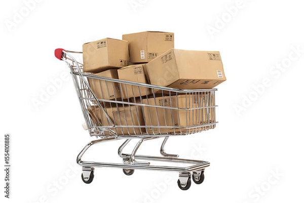 Fototapeta Shopping cart full of cardboard boxes.