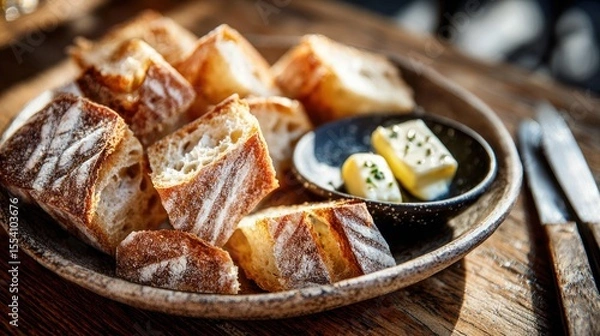 Fototapeta Savor freshly baked artisan bread served with creamy butter in a cozy rustic kitchen setting - close-up culinary delight