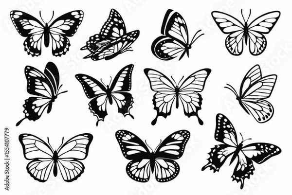 Fototapeta Butterfly Vector Silhouettes – Black Icon Set on Transparent Background