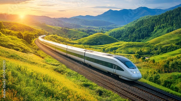 Fototapeta A sleek high-speed maglev train running through a lush green valley, emitting no pollution and powered by renewable energy