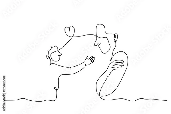 Fototapeta Minimalist one line drawing of mother and child, a child trying to comfort their parent in mental health concept, editable stroke.