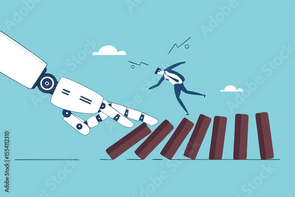 Fototapeta AI to disrupt human work, Artificial intelligence impact or challenge, job uncertainty future, innovation effect, AI change concept, AI robot arm push to collapse domino, businessman falling down.