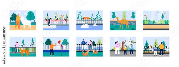 Fototapeta Zoo park illustrations set. Flat vector illustration concept.