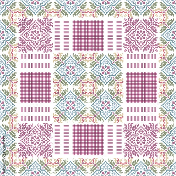Fototapeta Traditional ethnic or folk embroidery patterns are similar to these themes. The design's center and border parts consist of repeated tiles in blue, pink, green, and yellow with diamond and flower-like