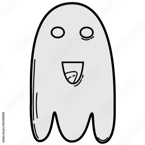 Fototapeta black-and-white line art illustration of a smiling ghost character with round eyes and a wide mouth. Suitable for kids’ crafts, coloring pages, Halloween decorations, or icon design.