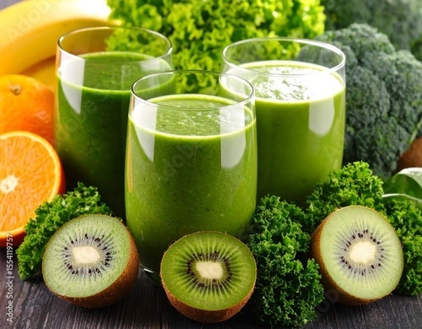 Fototapeta Fresh green smoothies with fruits and vegetables