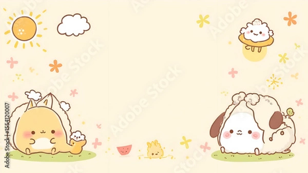 Fototapeta Cute Cartoon Animals Enjoying a Sunny Day with Flowers and Clouds in a Whimsical Setting Perfect for Background or Children's Illustration