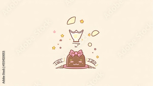 Fototapeta Charming Cartoon Character with a Bow and Adorable Expression Resting on a Plate Surrounded by Whimsical Elements and Pastel Colors Perfect for Children