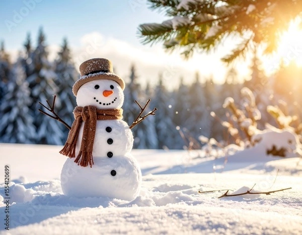 Fototapeta Snowman in snowy forest at sunrise