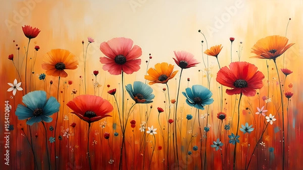 Fototapeta Whimsical Meadow Of Colorful Flowers With Elegant Details In A Warm Light Filled Artistic Representation In Vivid Colors
