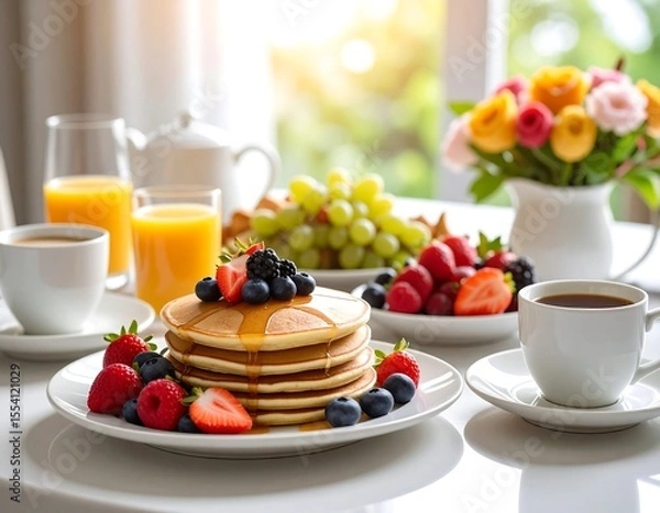 Fototapeta Breakfast spread with pancakes