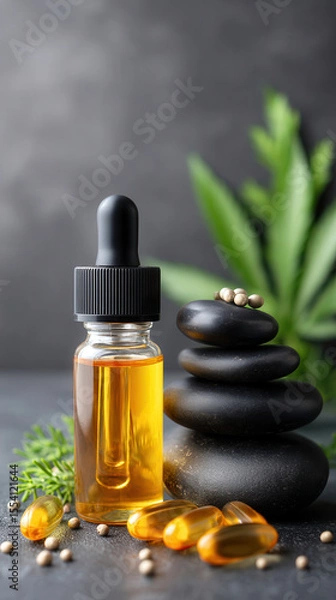 Fototapeta Organic cbd cannabis oil in glass dropper bottle with capsules and black spa stones creates calming natural wellness scene with green leaves and seeds enhancing peaceful mood