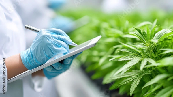 Fototapeta Organic cannabis oil production involves careful monitoring of green cannabis plants in laboratory setting where person wearing blue gloves uses tablet to record data ensuring quality and safety