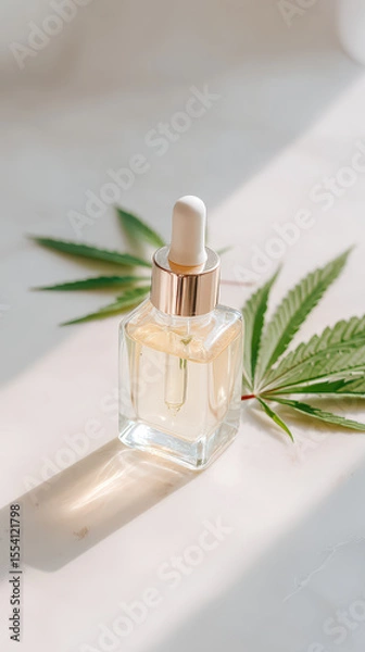 Fototapeta Clear glass dropper bottle with organic cbd cannabis oil is placed on white surface with green cannabis leaves, creating natural and calming atmosphere with soft light
