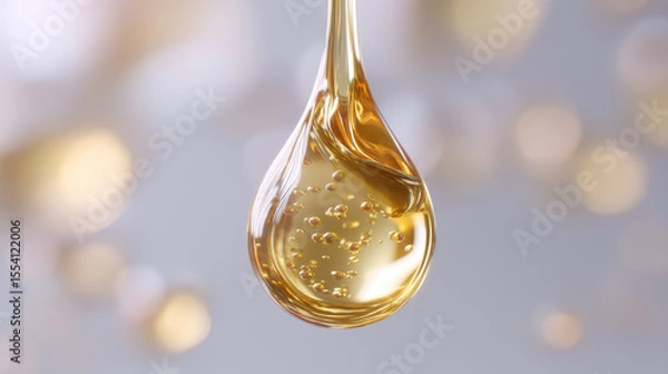 Fototapeta Golden drop of organic cbd cannabis oil with bubbles inside glowing softly in light with smooth texture and natural purity for health and wellness product concept