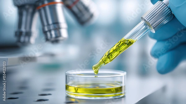Fototapeta Organic cbd cannabis oil in laboratory setting with dropper releasing yellow liquid into petri dish showing scientific research and testing for natural health products