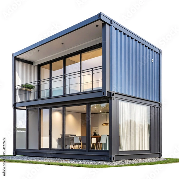 Fototapeta Minimalist modern container-style house front view isolated on transparent background PNG