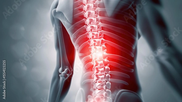 Fototapeta Human spine model with damaged vertebrae, close-up view of injury area for medical education and healthcare concepts, anatomical study of vertebral column and spinal disorders.
