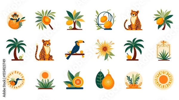 Fototapeta Collection Of Tropical Illustrations Featuring Animals Fruits and Plants In A Vibrant Color Palette For Graphic Design Or Decorative Purposes