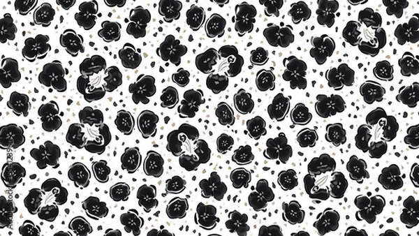 Fototapeta Elegant Seamless Pattern Of Stylized Black Flowers Against A Dotted White Background Creating A Modern And Artistic Floral Design Perfect For Various Creative Projects