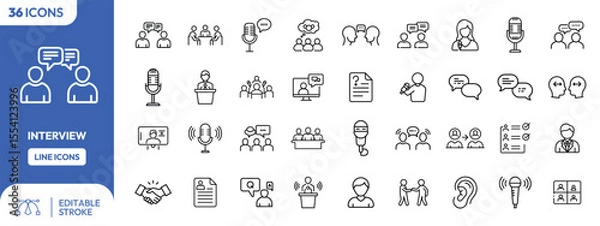 Fototapeta A collection of thirty-four linear icons depicting various aspects of interviews, including communication, recording, and teamwork.