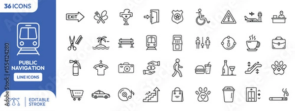Fototapeta A collection of line art icons representing public navigation and various common symbols.
