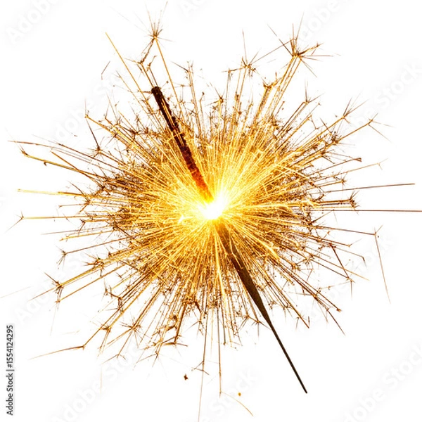 Fototapeta  Lit sparkler with golden burst in mid-air isolated on transparent background PNG
