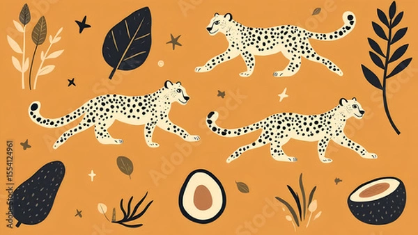Fototapeta Playful Cheetahs Strolling Amidst Exotic Foliage, Creating A Whimsical And Vibrant Jungle Scene In Earthy Tones