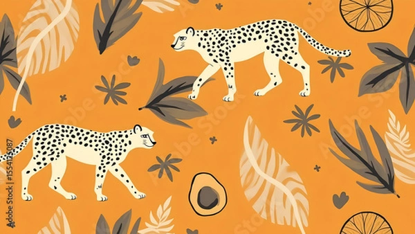 Fototapeta Tropical Safari Illustration Featuring Leopards Amidst Exotic Flora and an Orange Background Creating a Captivating Jungle Ambiance