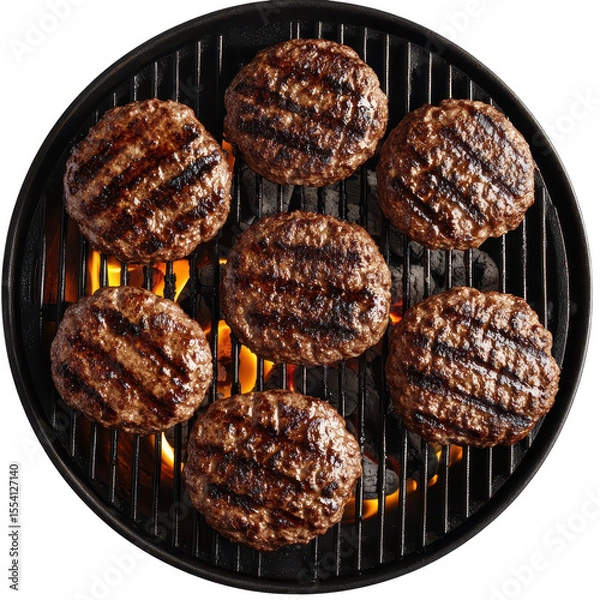 Obraz Juicy grilled hamburger patties on a barbecue grill flames visible, overhead view isolated on a transparent background