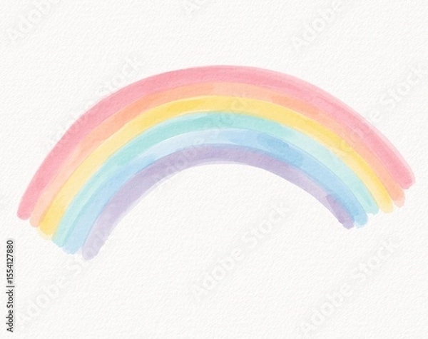 Fototapeta Light pastel rainbow arc painted in gentle watercolor strokes, offering a calm and soft aesthetic design element.