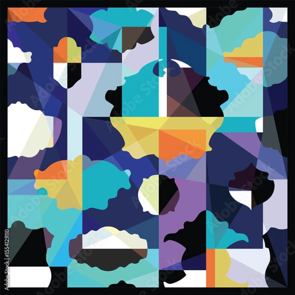 Obraz Abstract colorful mural in square composition. Geometric background with blank labels and license plates pattern design. Low poly multi color painting. Vector cover 