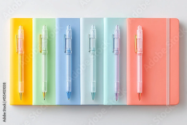 Obraz Flat Lay of Five Colorful Pastel Notebooks and Pens