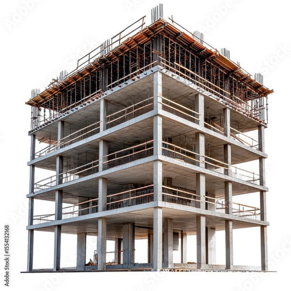 Obraz Concrete building under construction scaffolding framework isolated on a transparent background