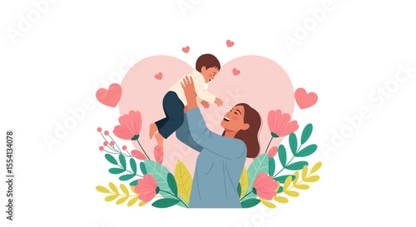 Fototapeta Adobe Illustrator artwork vector illustration of a loving mother gently lifting her baby, a tender moment perfect for family, childcare, and maternity themes.