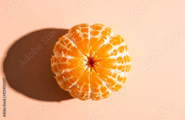 Fototapeta Peeled orange fruit on a peach colored background with a shadow.