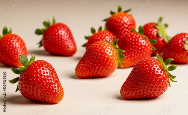Fototapeta Several ripe red strawberries with green stems are scattered on a surface.