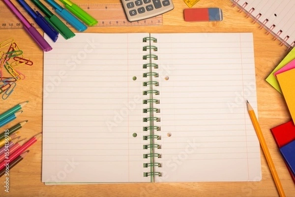 Fototapeta Overhead view is showing open spiral-bound notebook on wooden desk with pens, markers, calculator
