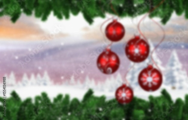 Obraz festive flat design showing five red baubles hanging from pine branches over pastel snowy forest