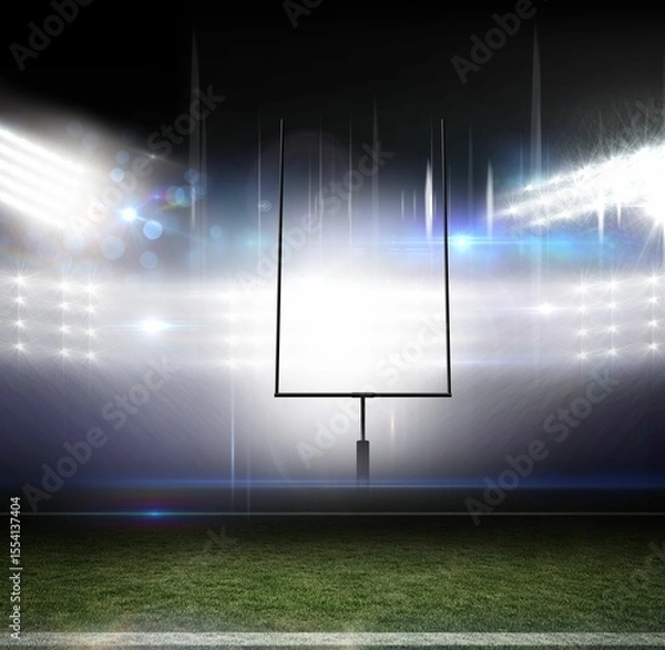 Obraz Flat design football goal post is standing on turf with white yard line under floodlight flares