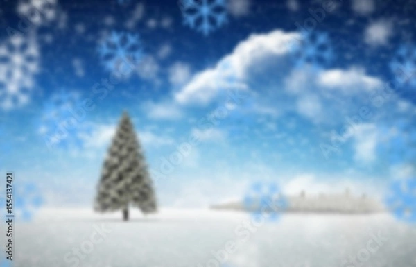 Fototapeta Solitary pine tree is standing on snowfield in flat design amid falling snowflakes with tree line
