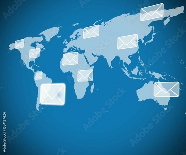 Fototapeta World map with envelopes on blue background