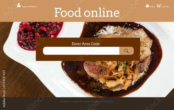 Obraz Landing page is featuring flat design with cart icon search field over plate meat dish