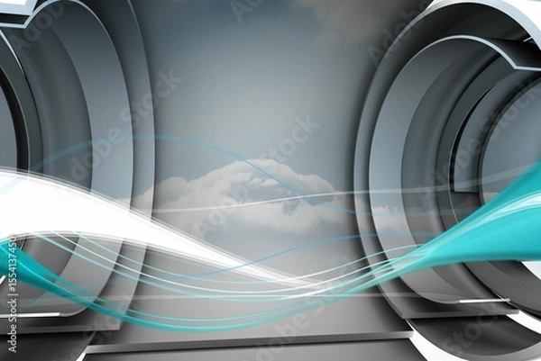 Fototapeta Flowing white-turquoise ribbon lights are sweeping through 3D render tunnel with concentric rings