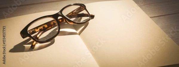 Fototapeta Flat design showing tortoiseshell eyeglasses is resting atop notebook under warm light, copy space