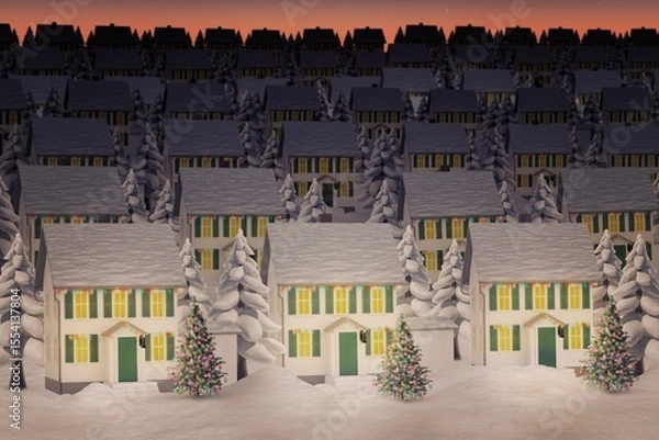 Fototapeta Flat design showing two-story houses with green shutters, decorated trees under snowy dusk sky