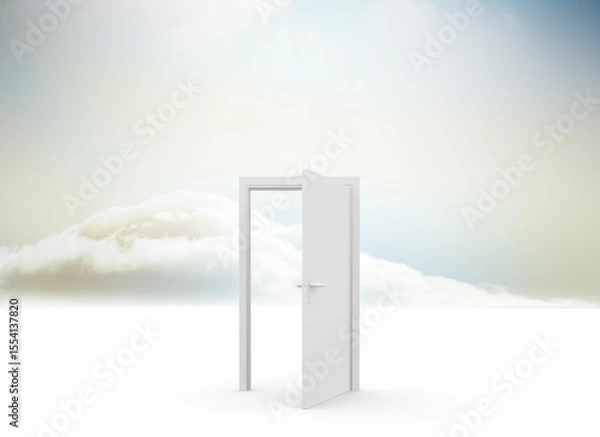 Fototapeta Solitary white doorframe is standing open revealing cloud horizon over white plane in flat design