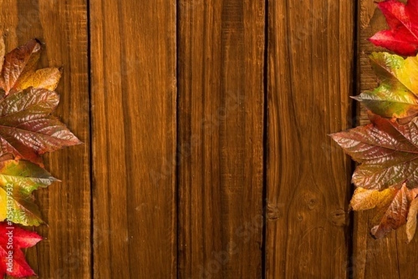 Fototapeta Top-down view showing autumn leaves clustering along wooden plank edges, flat design, copy space