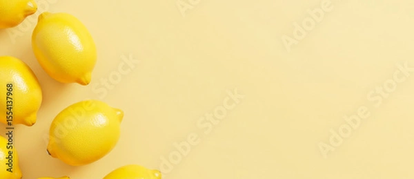 Fototapeta Several lemons are arranged on a pale yellow background with copy space.