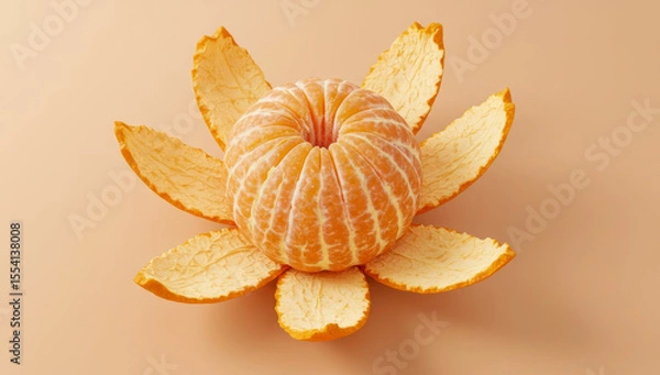 Fototapeta Peeled tangerine with peel segments arranged around it on a beige surface.